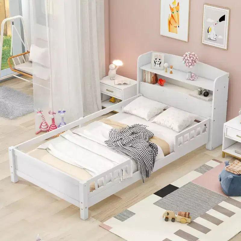 Okak Twin Modern Bed Frame with Wooden Storage Headboard & Built-in LED/USB,Bookcase Platform Bed for Bedroom,Kids Room