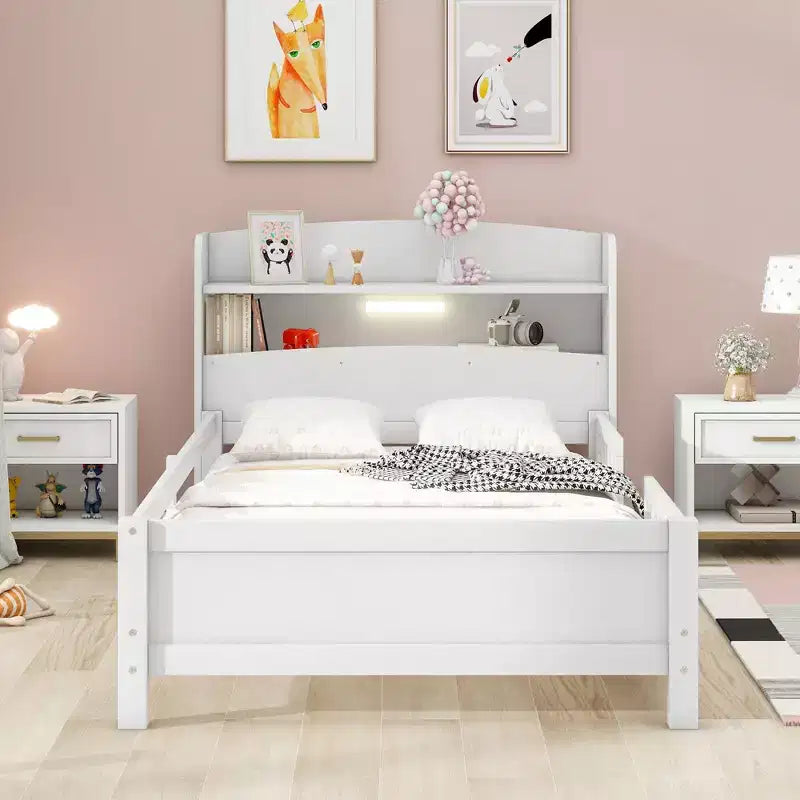 Okak Twin Modern Bed Frame with Wooden Storage Headboard & Built-in LED/USB,Bookcase Platform Bed for Bedroom,Kids Room