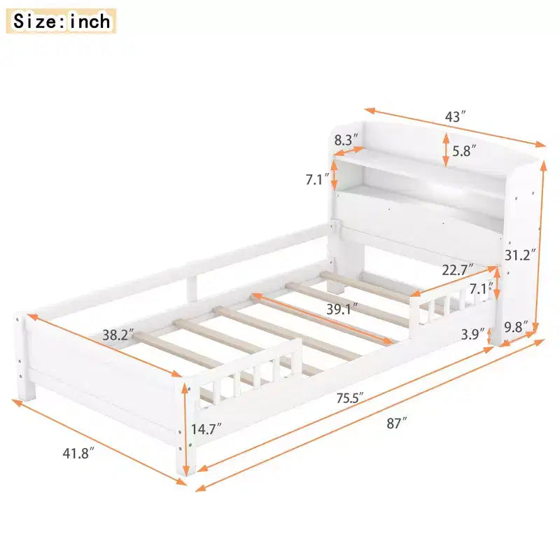 Okak Twin Modern Bed Frame with Wooden Storage Headboard & Built-in LED/USB,Bookcase Platform Bed for Bedroom,Kids Room