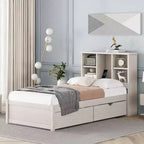 Okak Twin Modern Bed Frame with Wooden Storage Headboard & Built-in LED/USB,Bookcase Platform Bed for Bedroom,Kids Room