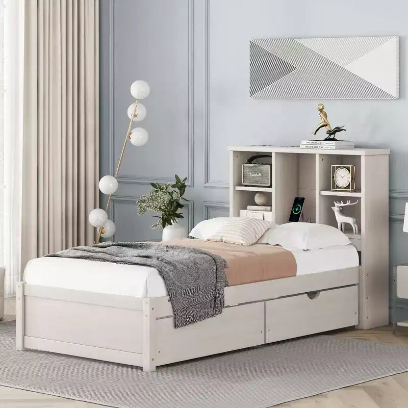 Okak Twin Modern Bed Frame with Wooden Storage Headboard & Built-in LED/USB,Bookcase Platform Bed for Bedroom,Kids Room