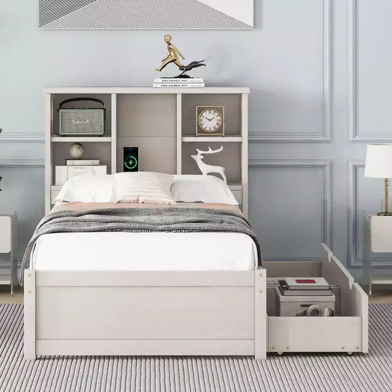 Okak Twin Modern Bed Frame with Wooden Storage Headboard & Built-in LED/USB,Bookcase Platform Bed for Bedroom,Kids Room