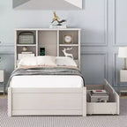 Okak Twin Modern Bed Frame with Wooden Storage Headboard & Built-in LED/USB,Bookcase Platform Bed for Bedroom,Kids Room
