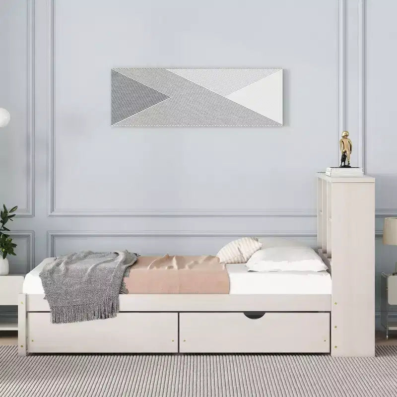 Okak Twin Modern Bed Frame with Wooden Storage Headboard & Built-in LED/USB,Bookcase Platform Bed for Bedroom,Kids Room