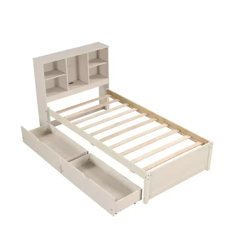 Okak Twin Modern Bed Frame with Wooden Storage Headboard & Built-in LED/USB,Bookcase Platform Bed for Bedroom,Kids Room