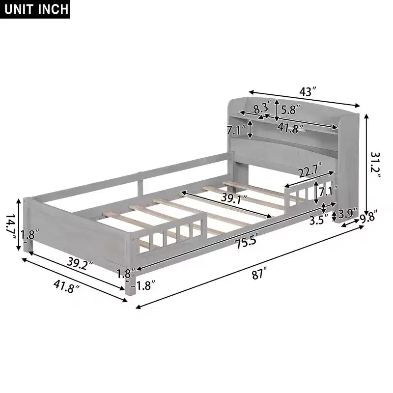 Okak Twin Modern Bed Frame with Wooden Storage Headboard & Built-in LED/USB,Bookcase Platform Bed for Bedroom,Kids Room