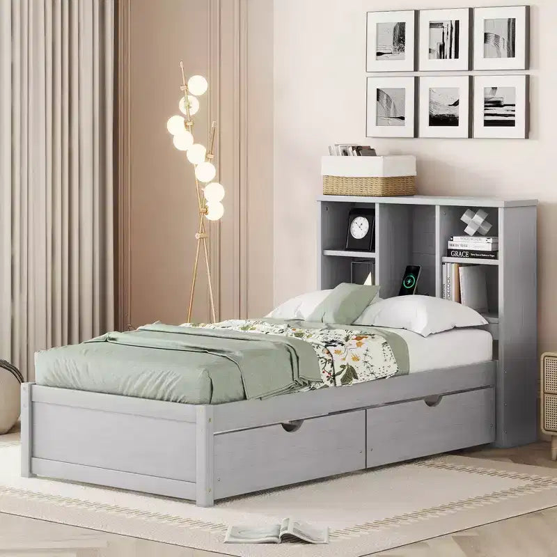 Okak Twin Modern Bed Frame with Wooden Storage Headboard & Built-in LED/USB,Bookcase Platform Bed for Bedroom,Kids Room