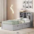 Okak Twin Modern Bed Frame with Wooden Storage Headboard & Built-in LED/USB,Bookcase Platform Bed for Bedroom,Kids Room