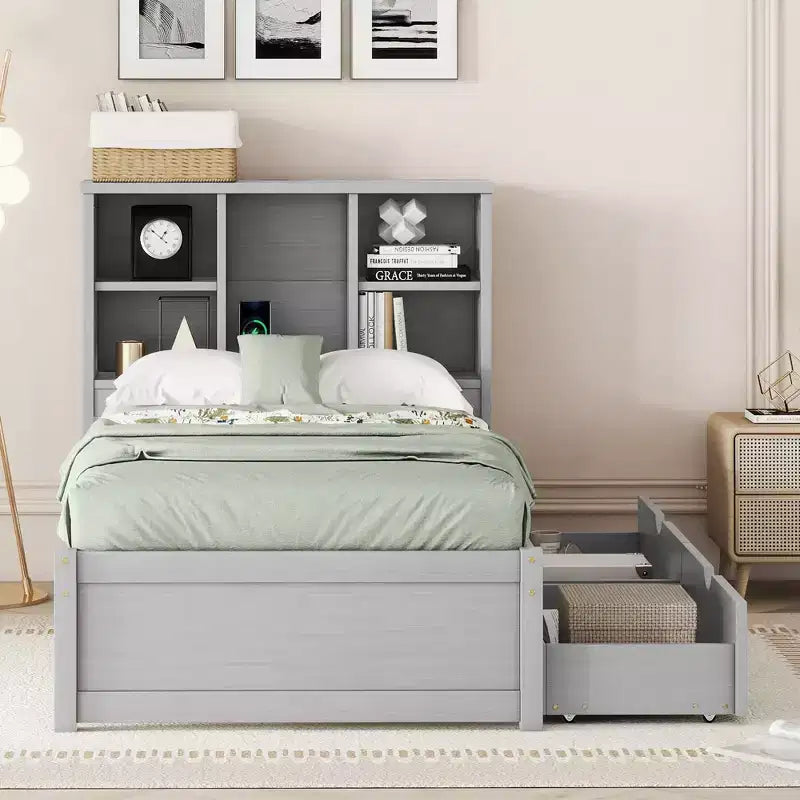 Okak Twin Modern Bed Frame with Wooden Storage Headboard & Built-in LED/USB,Bookcase Platform Bed for Bedroom,Kids Room
