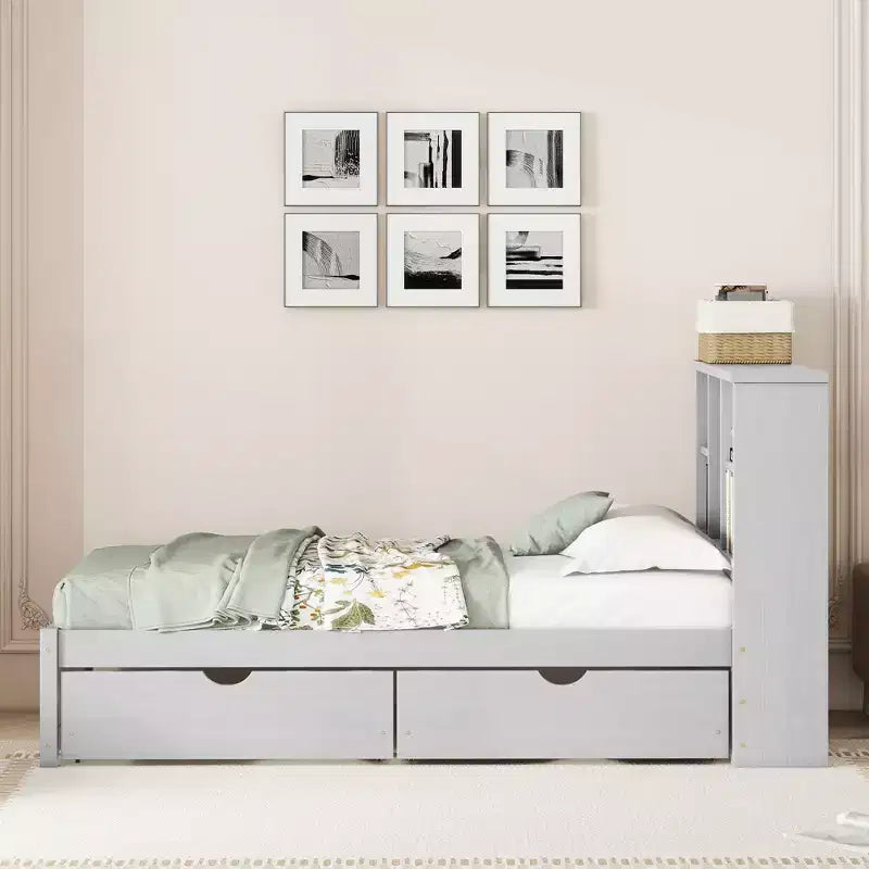 Okak Twin Modern Bed Frame with Wooden Storage Headboard & Built-in LED/USB,Bookcase Platform Bed for Bedroom,Kids Room