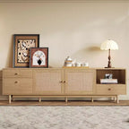 76.6 Inch Rattan TV Stand for 65/75/85 Inches TVs Natural TV Console with Open Storage and Drawers for Living room