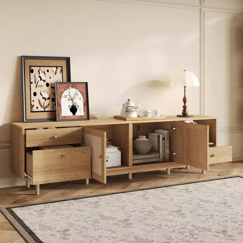 76.6 Inch Rattan TV Stand for 65/75/85 Inches TVs Natural TV Console with Open Storage and Drawers for Living room