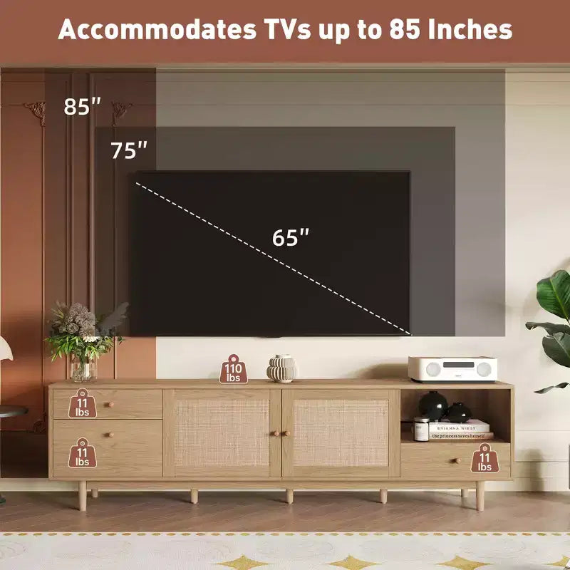 76.6 Inch Rattan TV Stand for 65/75/85 Inches TVs Natural TV Console with Open Storage and Drawers for Living room