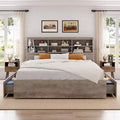 King Size Storage Bed 1000LBS with Bookcase Headboard & 4 Dust-Proof Drawers, Steel Frame, 6-Wheel Glide, Quick Assembly, 89.378.951.2, Gray