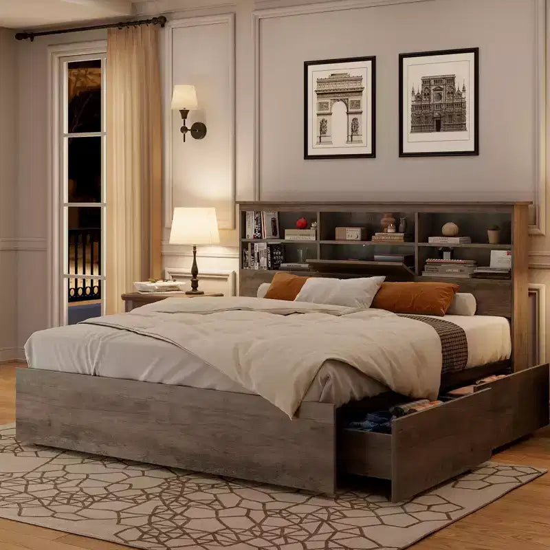 Lit de rangement King Size 1000LBS avec tête de lit bibliothèque et 4 tiroirs anti-poussière, cadre en acier, glissière à 6 roulettes, montage rapide, 89.378.951.2, gris