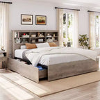 Lit de rangement King Size 1000LBS avec tête de lit bibliothèque et 4 tiroirs anti-poussière, cadre en acier, glissière à 6 roulettes, montage rapide, 89.378.951.2, gris