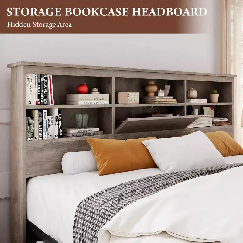 Lit de rangement King Size 1000LBS avec tête de lit bibliothèque et 4 tiroirs anti-poussière, cadre en acier, glissière à 6 roulettes, montage rapide, 89.378.951.2, gris