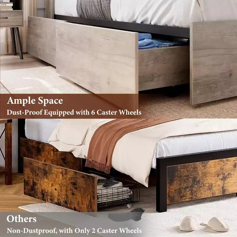Lit de rangement King Size 1000LBS avec tête de lit bibliothèque et 4 tiroirs anti-poussière, cadre en acier, glissière à 6 roulettes, montage rapide, 89.378.951.2, gris