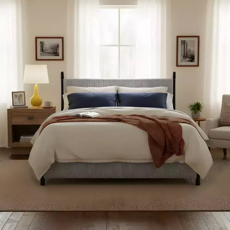 Christopher Knight Home Iska Modern Rubberwood Upholstered Striped Bed with High Headboard