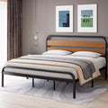Mid-Century Modern King Bed Frame, Metal Platform with Wood Tone Headboard, No Box Spring Needed Quiet Design for Bedroom,Brown