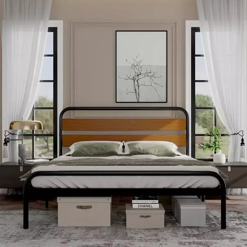 Cadre de lit King Size Mid-Century Moderne, Plateforme en métal avec Tête de lit imitation bois, Aucun sommier tapissier requis, Design silencieux pour Chambre à coucher, Marron