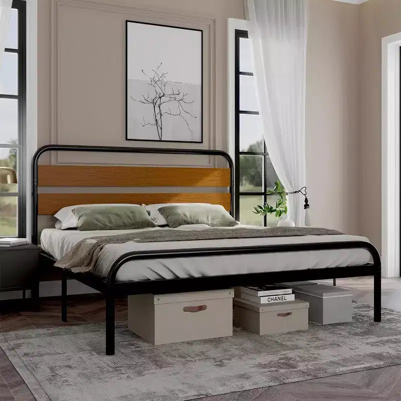 Cadre de lit King Size Mid-Century Moderne, Plateforme en métal avec Tête de lit imitation bois, Aucun sommier tapissier requis, Design silencieux pour Chambre à coucher, Marron