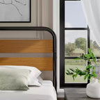 Cadre de lit King Size Mid-Century Moderne, Plateforme en métal avec Tête de lit imitation bois, Aucun sommier tapissier requis, Design silencieux pour Chambre à coucher, Marron