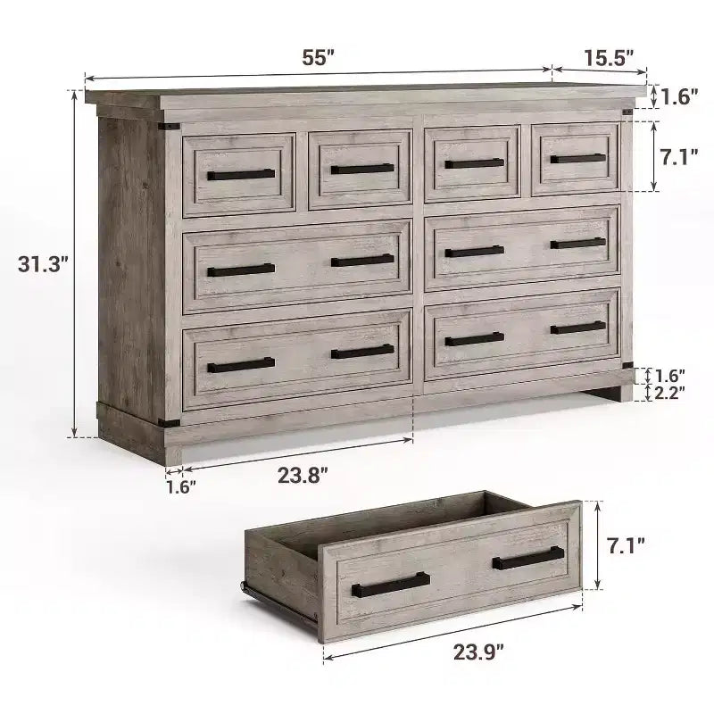 Commode de ferme Acekool à 8 tiroirs, organisateur de commode en bois rustique pour chambre, placard, salon, couloir