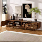 JVNOXK 78inch Entertainment Center Modern TV Stand with Built-in Glass Doors2 Drawers, Accommodates up to 80-inch TV, Solid Wood Legs -Walnut