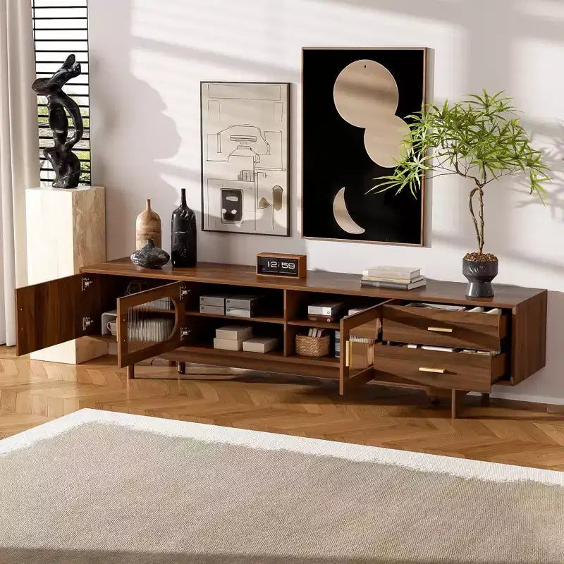 JVNOXK 78inch Entertainment Center Modern TV Stand with Built-in Glass Doors2 Drawers, Accommodates up to 80-inch TV, Solid Wood Legs -Walnut