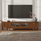 JVNOXK 78inch Entertainment Center Modern TV Stand with Built-in Glass Doors2 Drawers, Accommodates up to 80-inch TV, Solid Wood Legs -Walnut