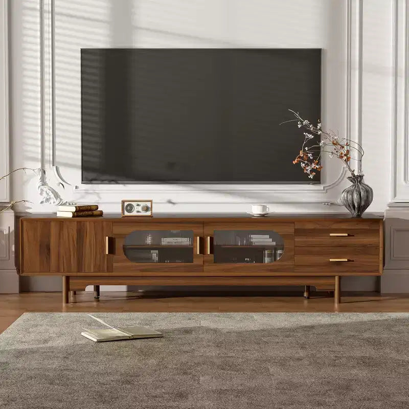 JVNOXK 78inch Entertainment Center Modern TV Stand with Built-in Glass Doors2 Drawers, Accommodates up to 80-inch TV, Solid Wood Legs -Walnut