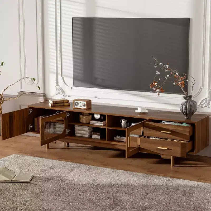 JVNOXK 78inch Entertainment Center Modern TV Stand with Built-in Glass Doors2 Drawers, Accommodates up to 80-inch TV, Solid Wood Legs -Walnut