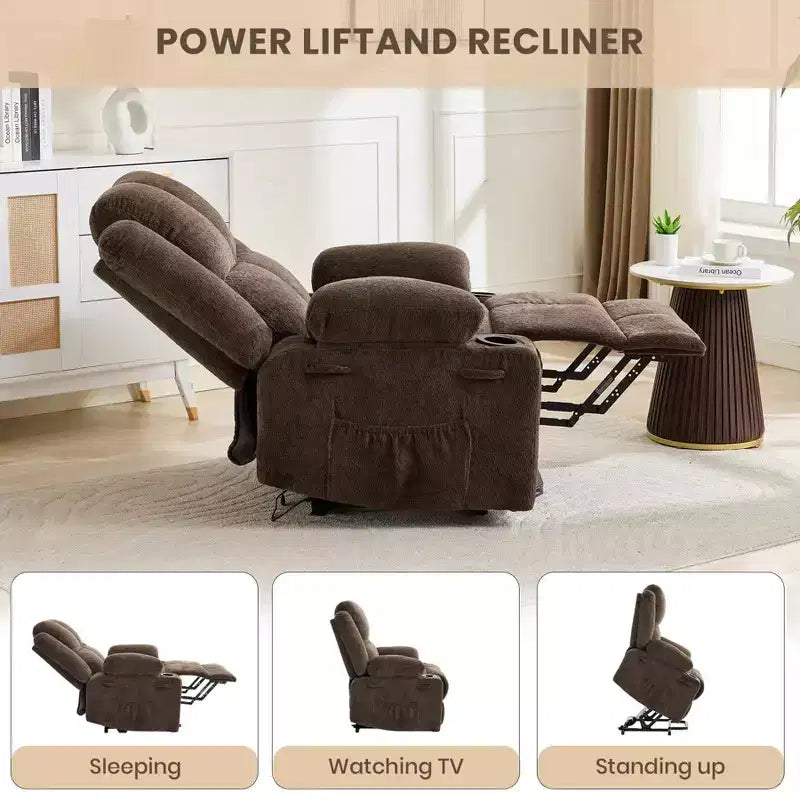 GustoWave Power Lift Recliner Chair for Elderly, Oversized Electric Recliner with Massage, Heat, Lay Flat, Stand Assist, 2 Cup Holders