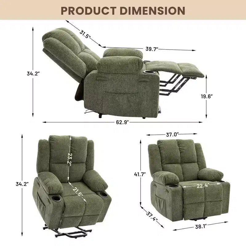 GustoWave Power Lift Recliner Chair for Elderly, Oversized Electric Recliner with Massage, Heat, Lay Flat, Stand Assist, 2 Cup Holders