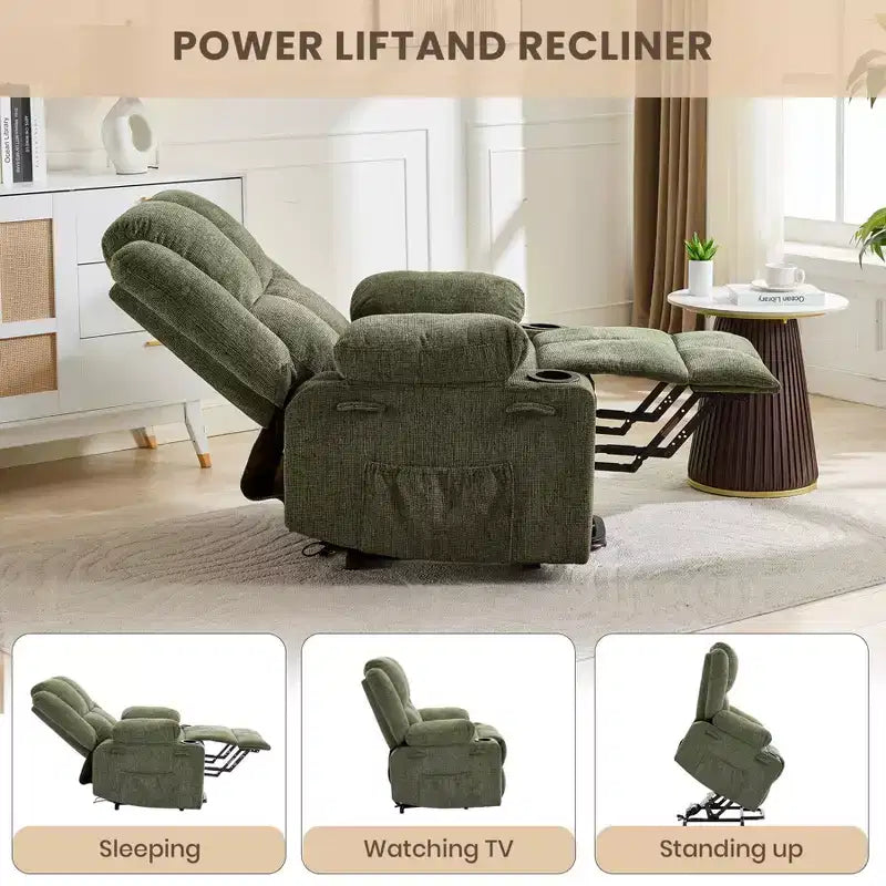 GustoWave Power Lift Recliner Chair for Elderly, Oversized Electric Recliner with Massage, Heat, Lay Flat, Stand Assist, 2 Cup Holders