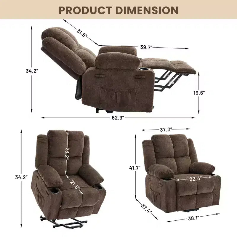 GustoWave Power Lift Recliner Chair for Elderly, Oversized Electric Recliner with Massage, Heat, Lay Flat, Stand Assist, 2 Cup Holders