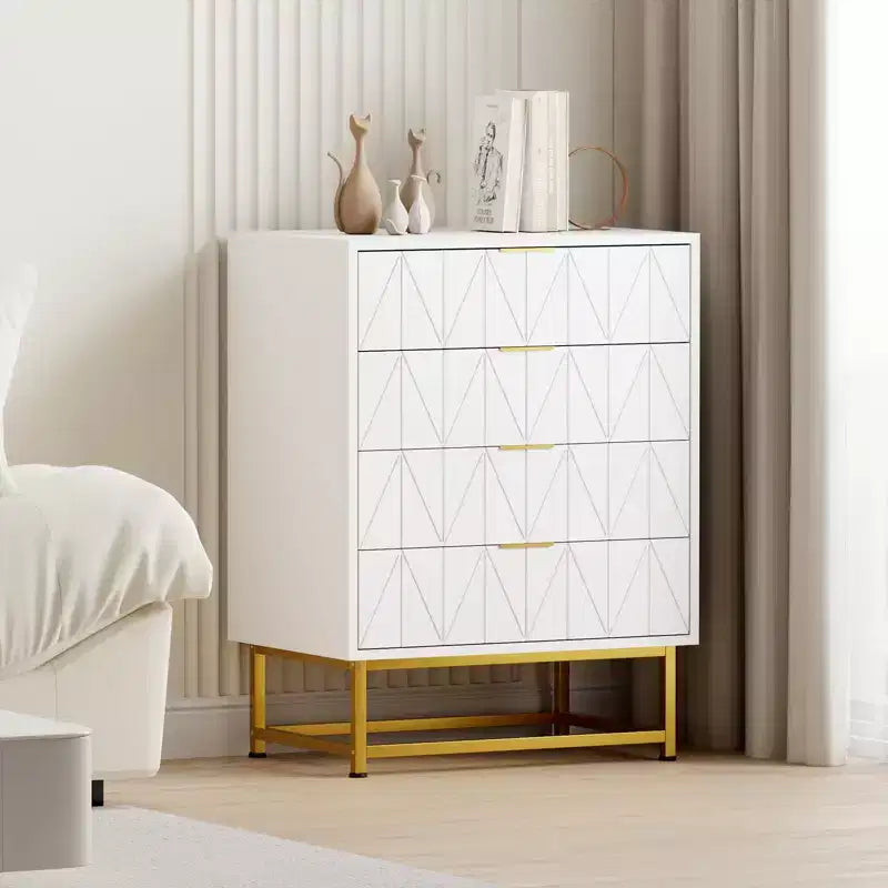 4 Drawer Wooden Bedroom Chest Cabinet, Chest of Drawers with Metal Legs & Gold Handle, for Bedroom, Living Room, Hallway, Entryway