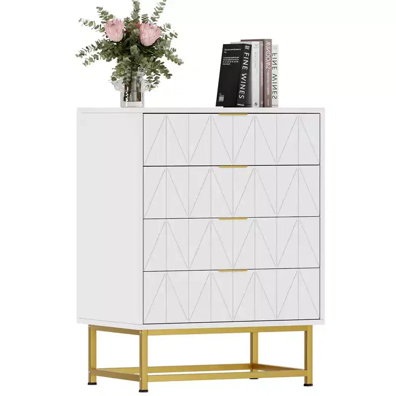 4 Drawer Wooden Bedroom Chest Cabinet, Chest of Drawers with Metal Legs & Gold Handle, for Bedroom, Living Room, Hallway, Entryway