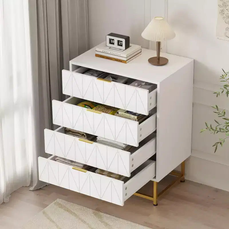 4 Drawer Wooden Bedroom Chest Cabinet, Chest of Drawers with Metal Legs & Gold Handle, for Bedroom, Living Room, Hallway, Entryway