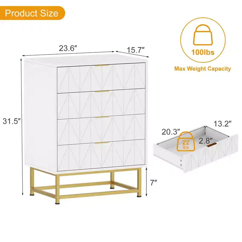 4 Drawer Wooden Bedroom Chest Cabinet, Chest of Drawers with Metal Legs & Gold Handle, for Bedroom, Living Room, Hallway, Entryway