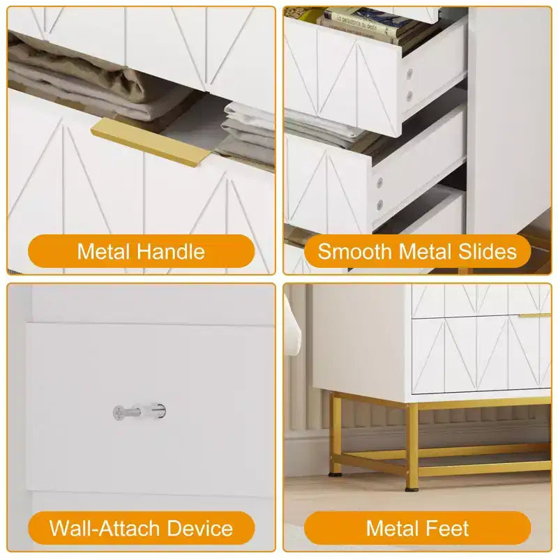 4 Drawer Wooden Bedroom Chest Cabinet, Chest of Drawers with Metal Legs & Gold Handle, for Bedroom, Living Room, Hallway, Entryway