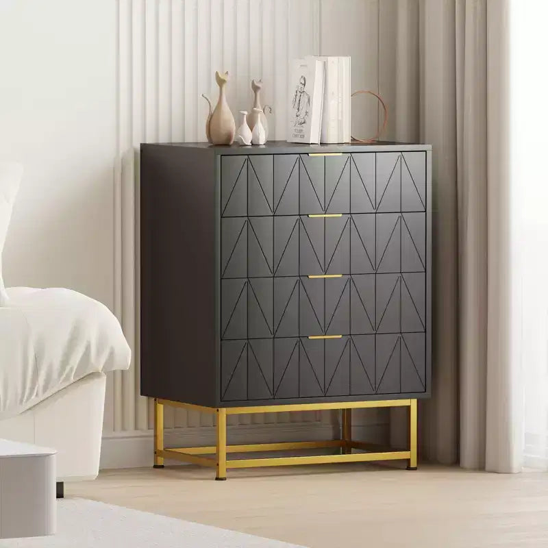 4 Drawer Wooden Bedroom Chest Cabinet, Chest of Drawers with Metal Legs & Gold Handle, for Bedroom, Living Room, Hallway, Entryway