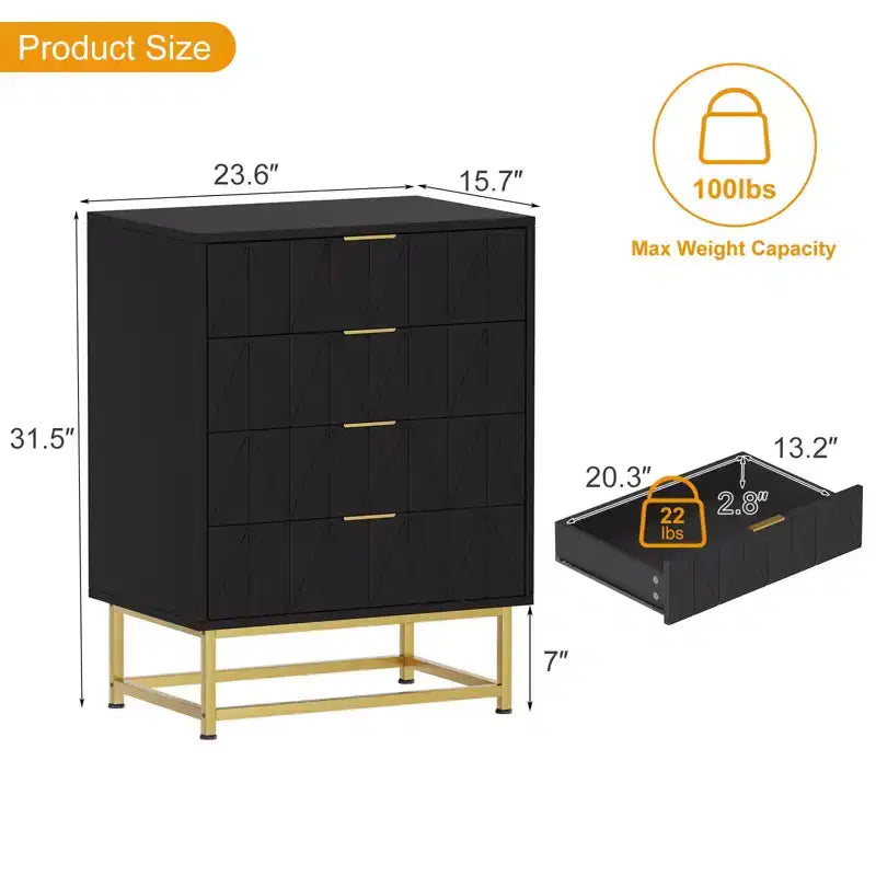 4 Drawer Wooden Bedroom Chest Cabinet, Chest of Drawers with Metal Legs & Gold Handle, for Bedroom, Living Room, Hallway, Entryway