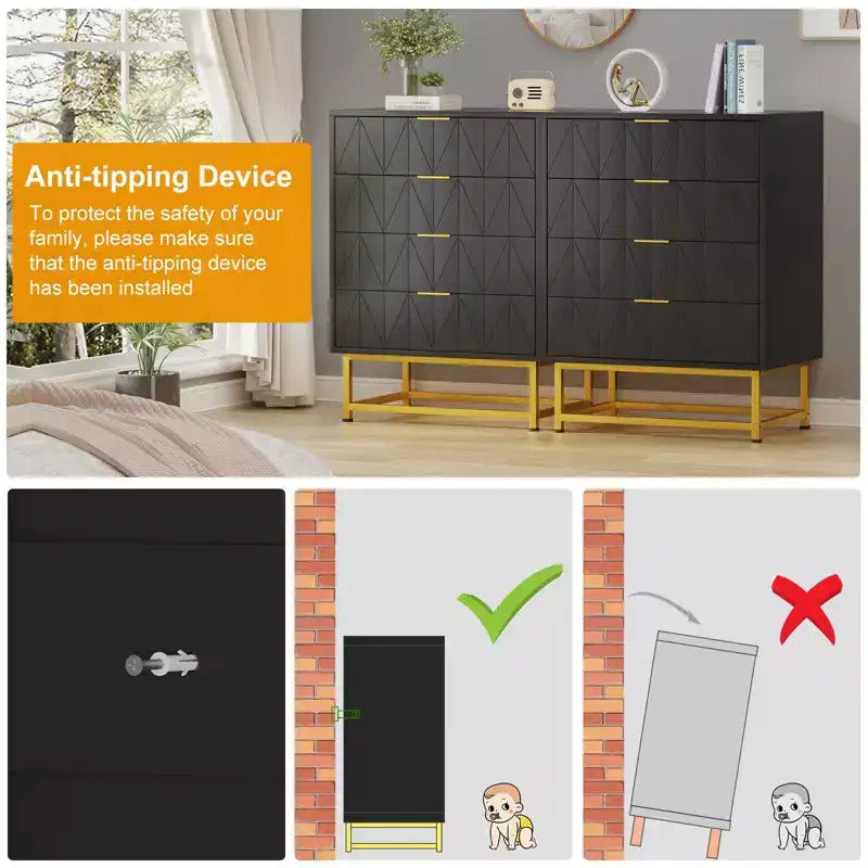 4 Drawer Wooden Bedroom Chest Cabinet, Chest of Drawers with Metal Legs & Gold Handle, for Bedroom, Living Room, Hallway, Entryway