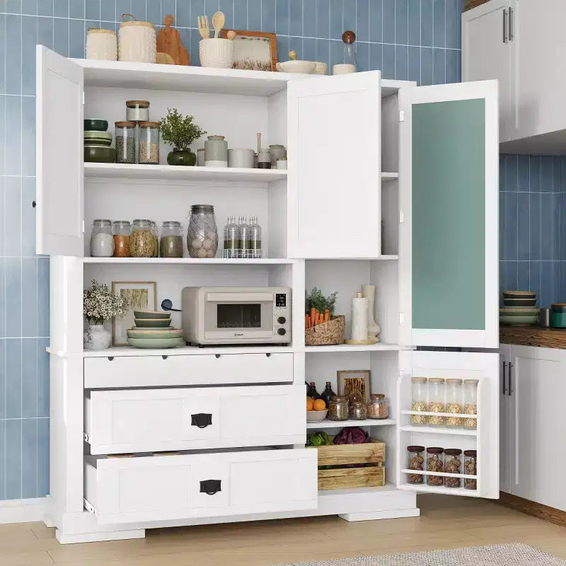 63.3 Freestanding Large Kitchen Pantry Cabinet, Microwave Cabinet with Drawers, Adjustable Shelves for Kitchen or Dining Room-Panipeachy