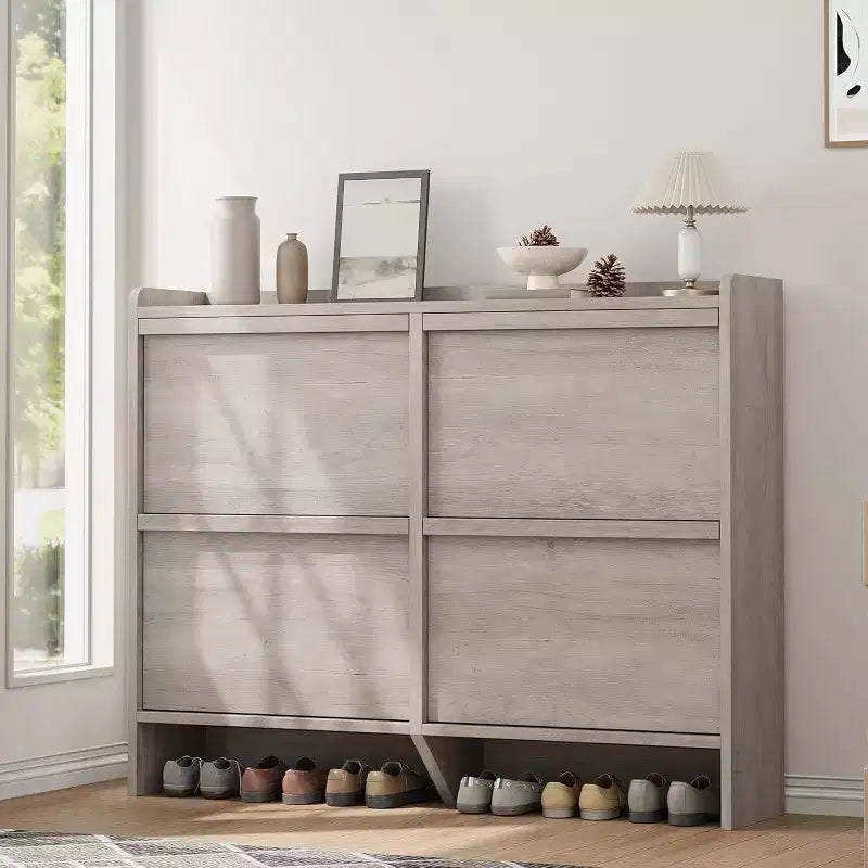 47.2in Freestanding Shoe Cabinet with 4 Flip Doors, Adjustable ShelfWooden Hidden Storage Organizer for Entryway, Hallway