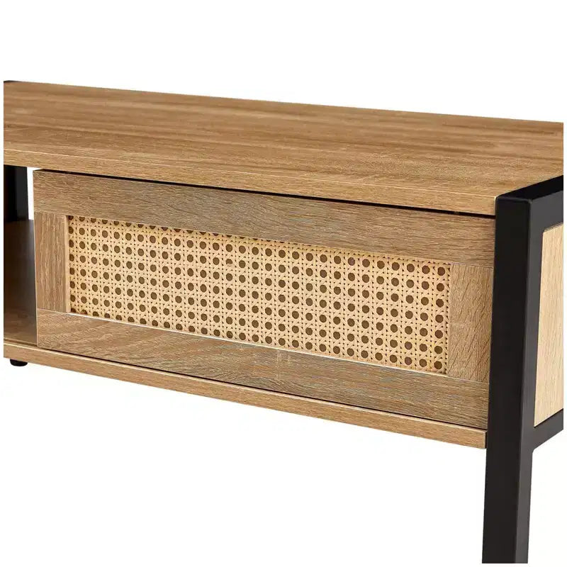 Table basse, 102 cm, design moderne, compartiment caché et étagère ouverte, panneau en rotin, pieds en métal pour salon/bureau