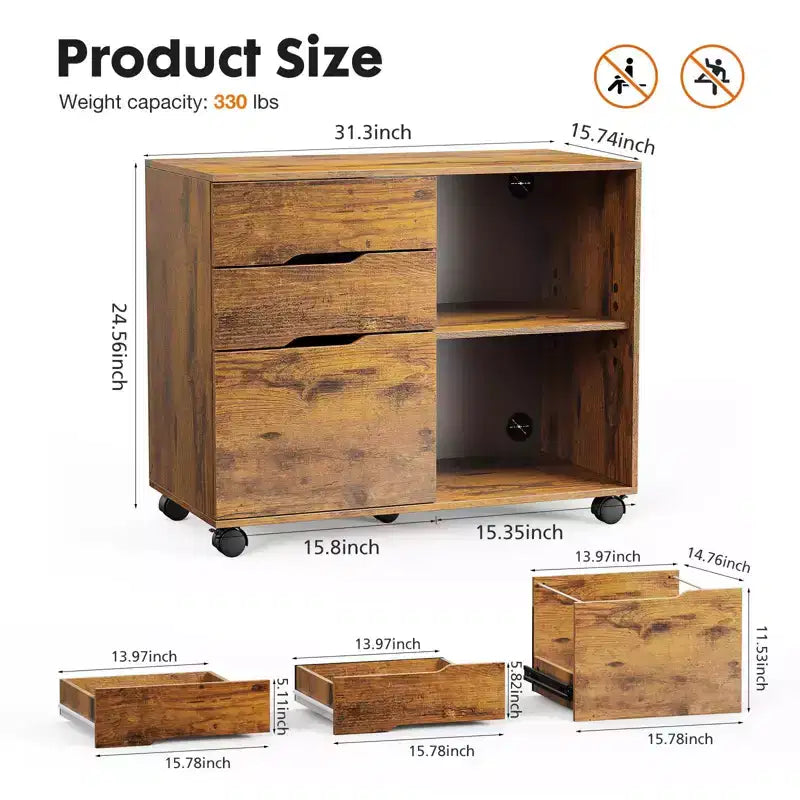 Okak Modern 3-Layer Mobile Filing Cabinet with Wooden Drawers & Wheels,Lateral Storage File Cabinet for Home Office,Study