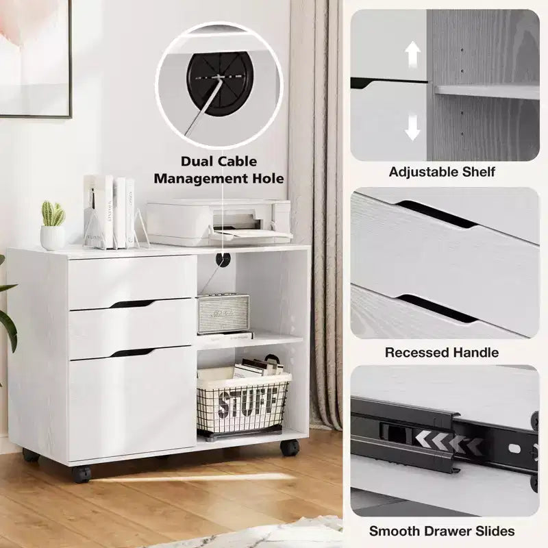 Okak Modern 3-Layer Mobile Filing Cabinet with Wooden Drawers & Wheels,Lateral Storage File Cabinet for Home Office,Study
